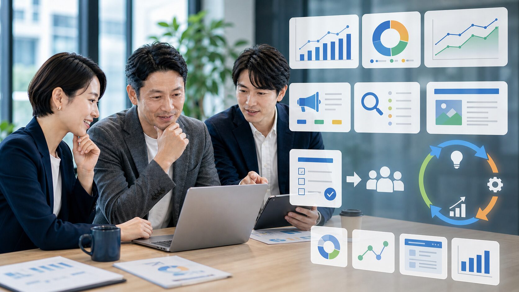 広告とSEOとアクセス解析を使って改善を続けるWeb運用イメージ