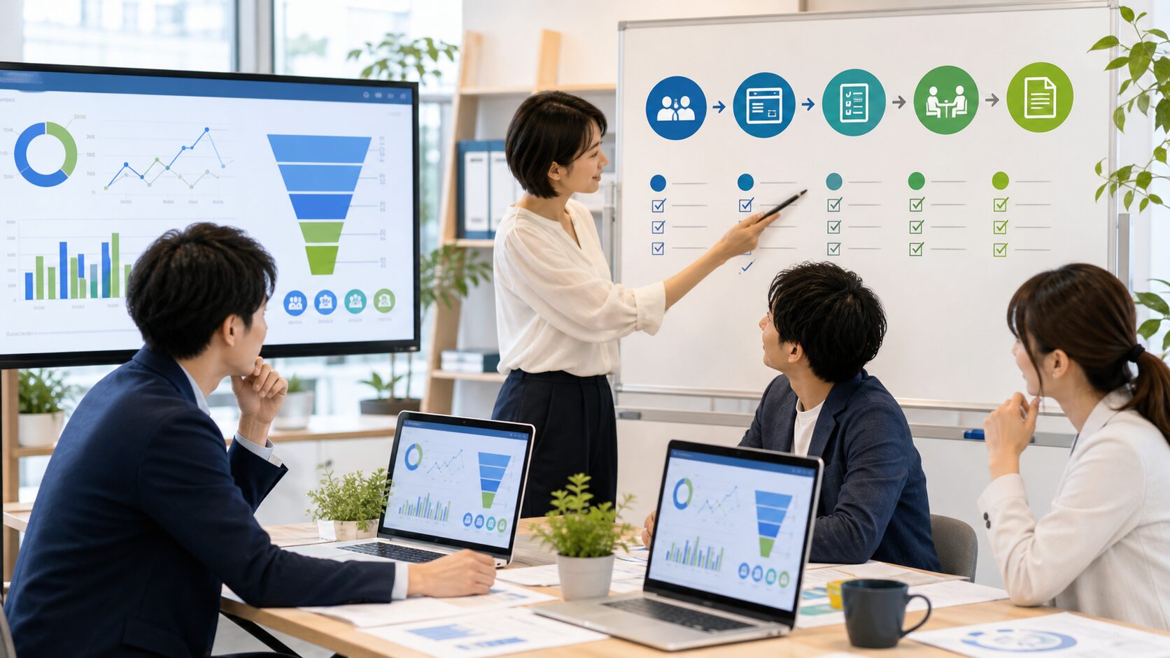 Web集客の改善手順をチームで確認しながら指標を見直すイメージ