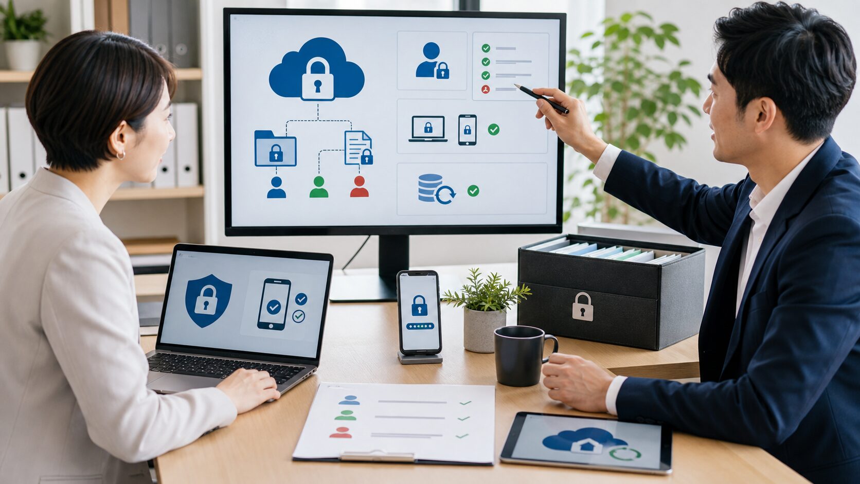 中小企業がデータ共有とセキュリティ対策を確認するイメージ
