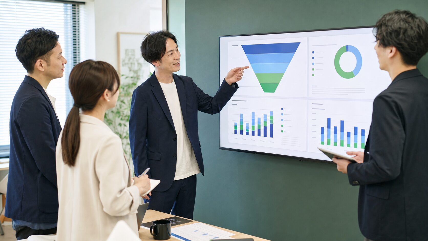 営業チームが週次会議で数字と次の行動を確認するイメージ