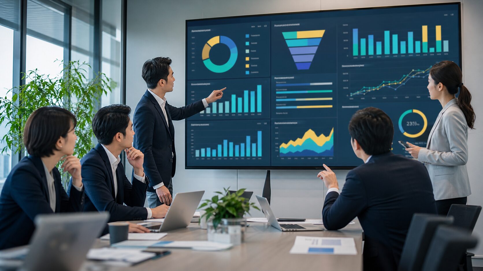 SFAのデータを見ながら営業改善を進めるイメージ