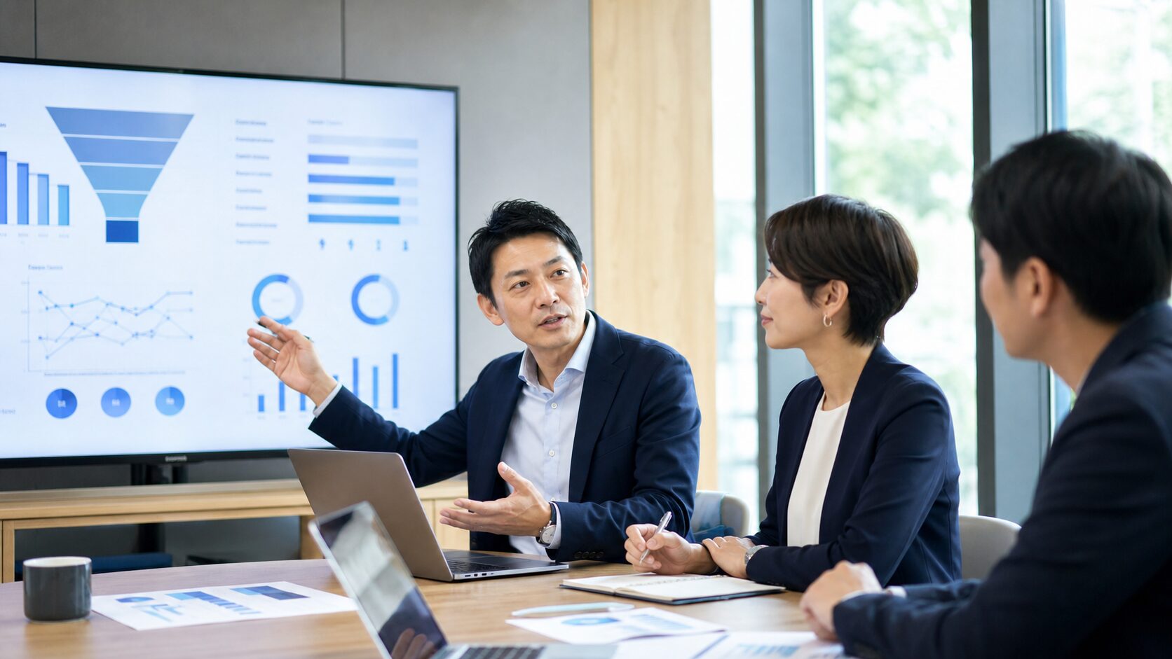 Webマーケティングの外注費用と問い合わせ成果をKPIで確認する会議のイメージ