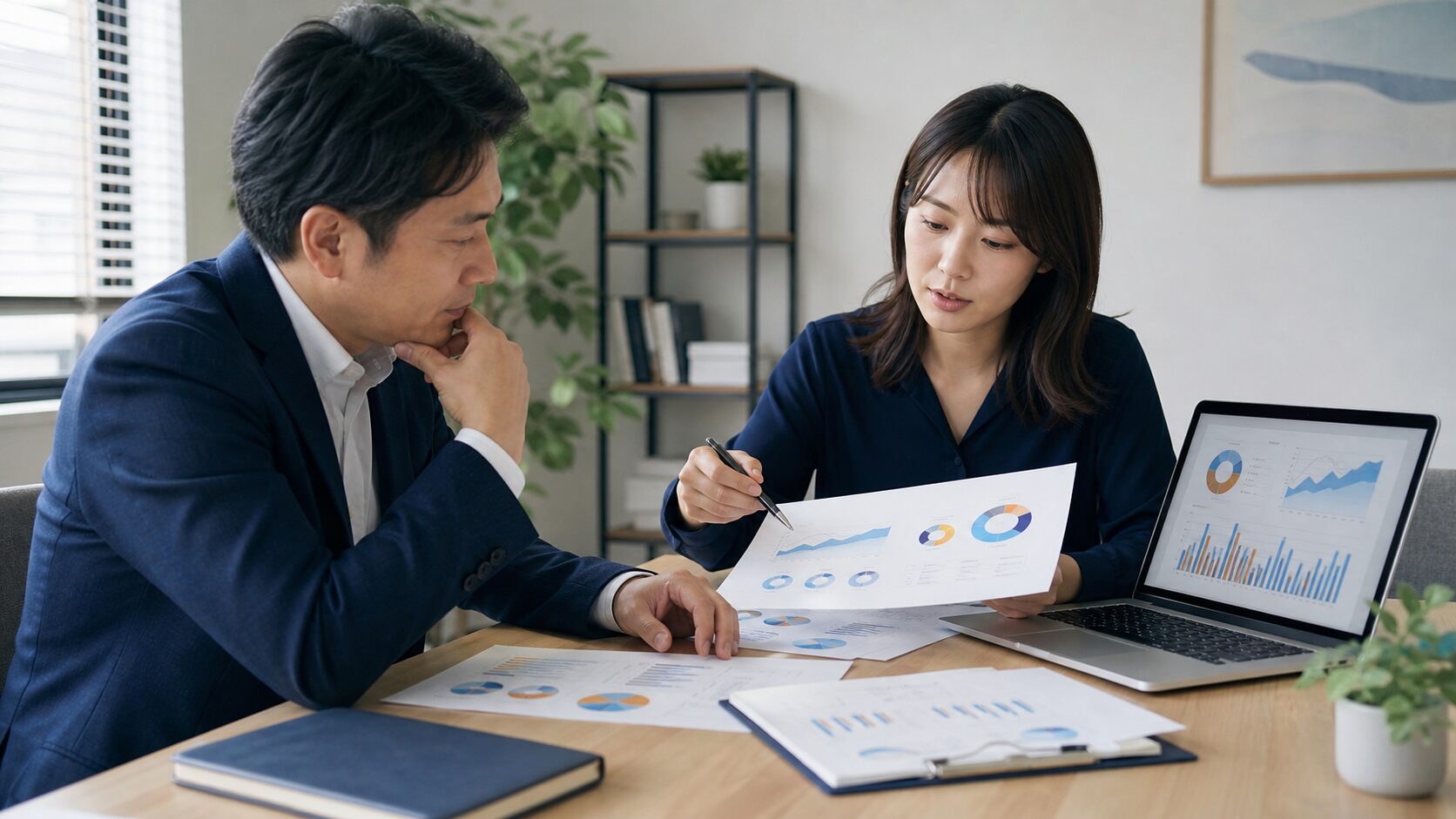中小企業の経営者とSEO専門家が事業課題と検索戦略を確認するイメージ