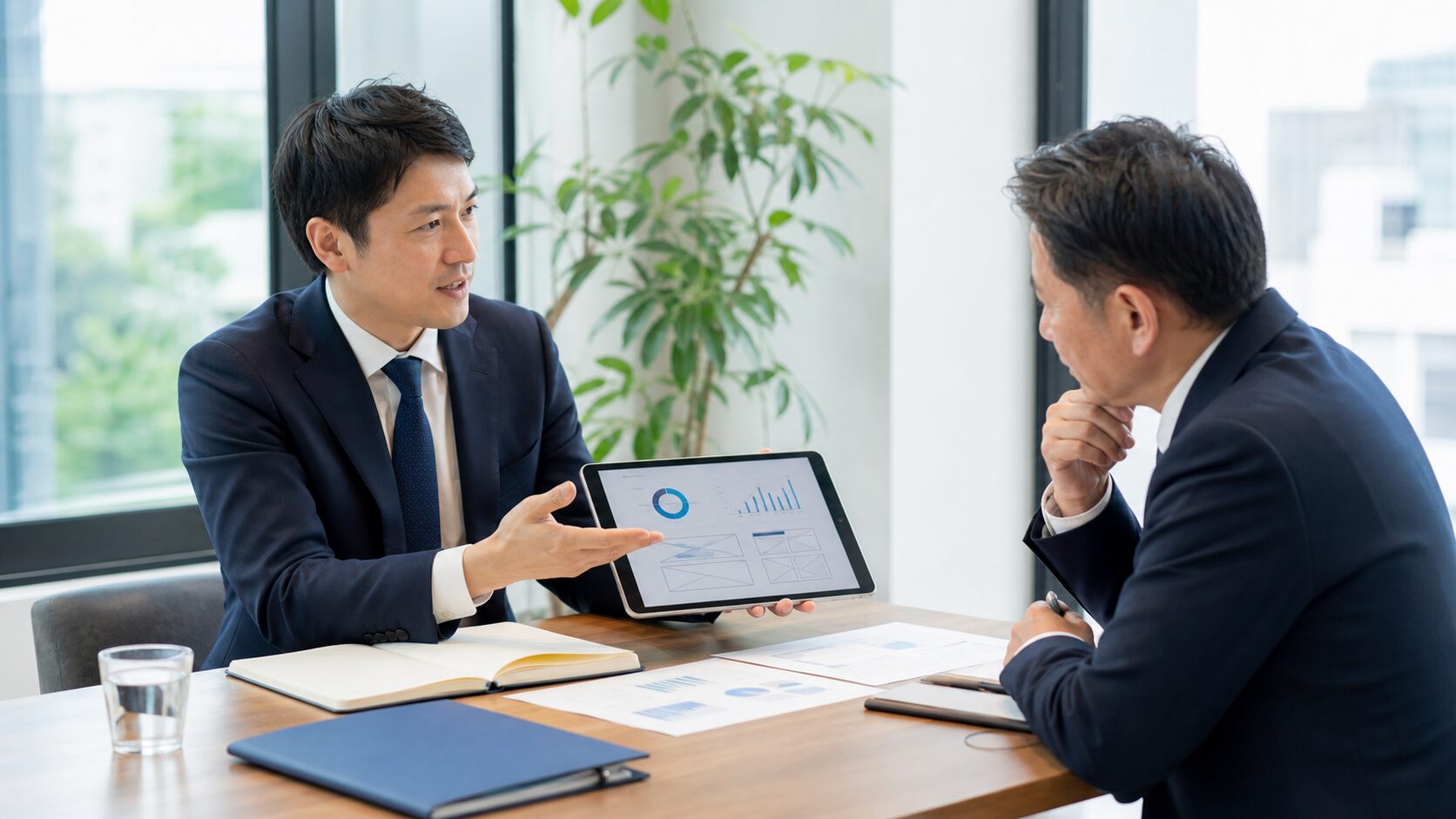 SEO対策会社との初回面談で提案内容と改善の進め方を確認するビジネスシーン