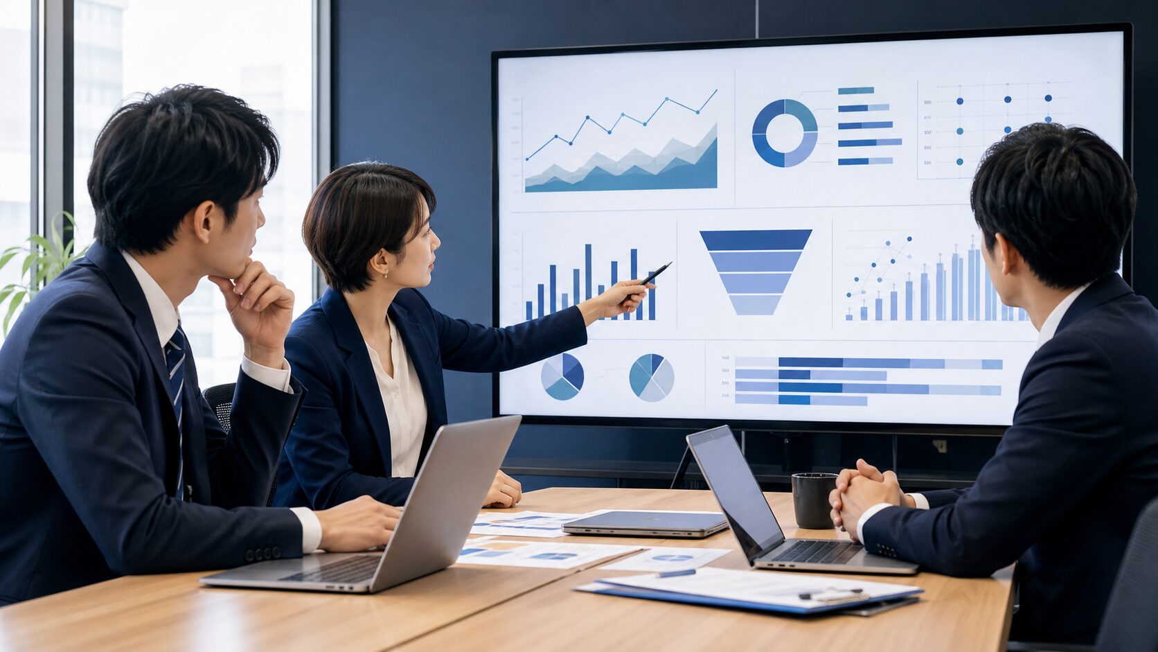 SEO施策の費用と成果指標を比較し優先順位を決めるチームのイメージ