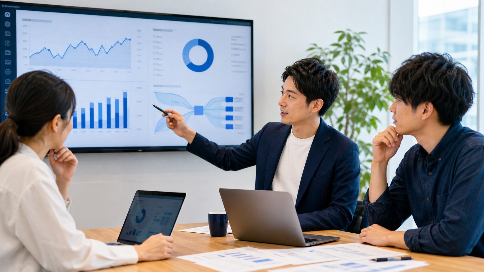 SEO施策の成果を分析し次の改善策を検討する中小企業チームのイメージ
