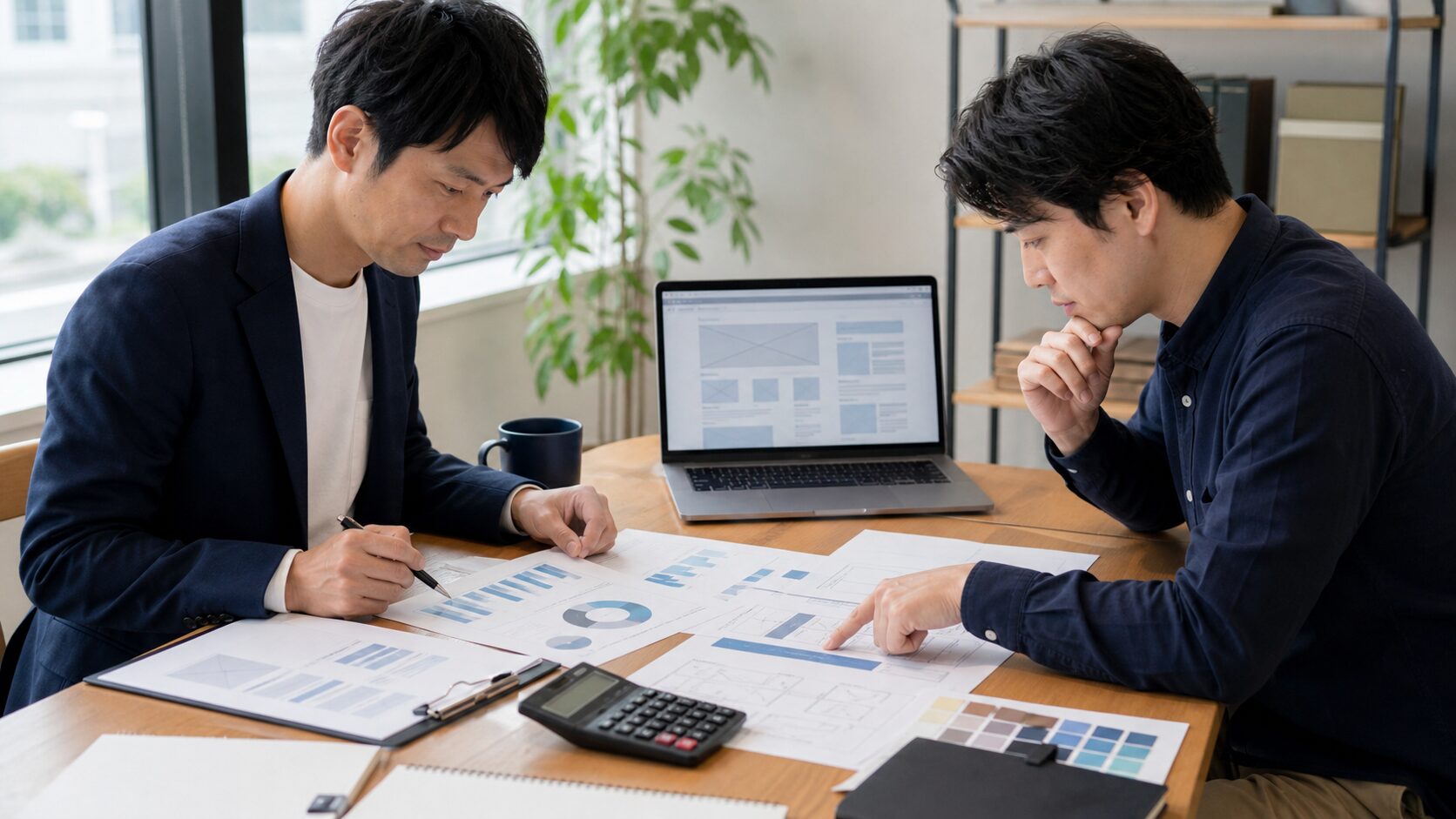 中小企業のホームページ制作費用の内訳と必要な作業を確認する経営者と制作担当者