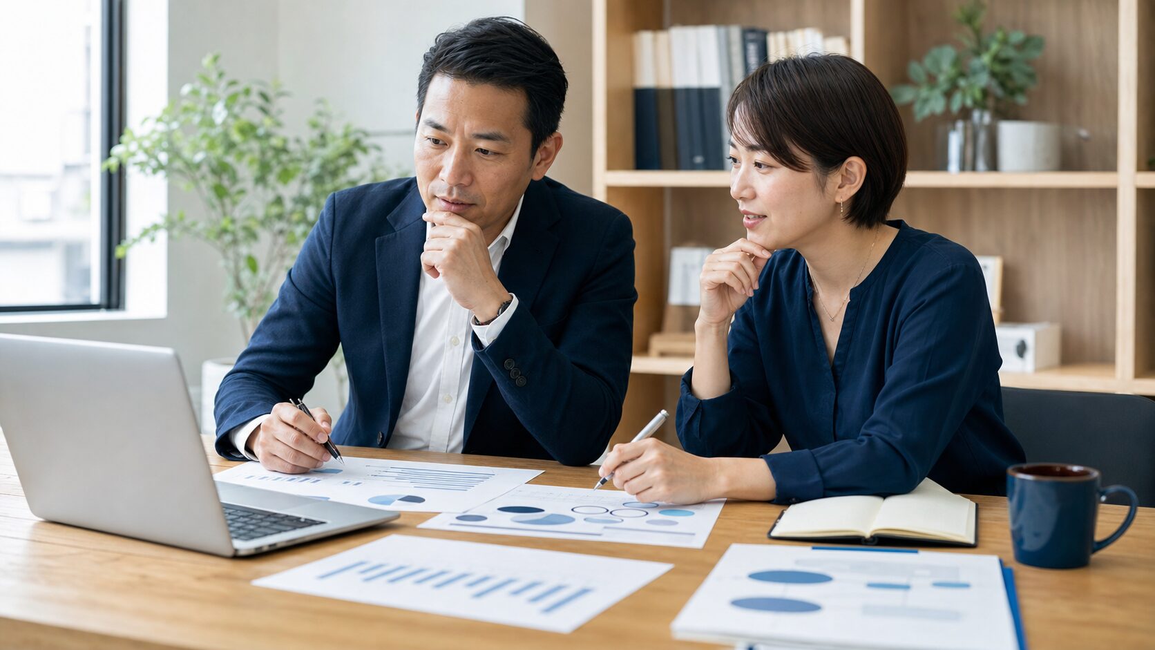 BtoBのWeb制作会社と中小企業の経営者が事業課題と集客設計を確認するイメージ