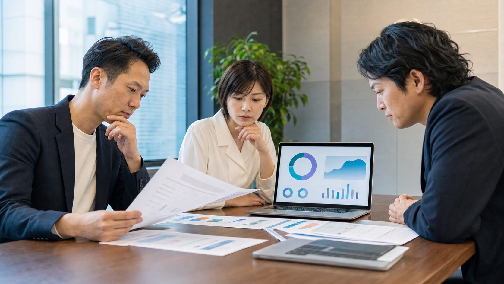 Web制作会社の提案内容と契約条件を複数人で確認する中小企業の担当者のイメージ