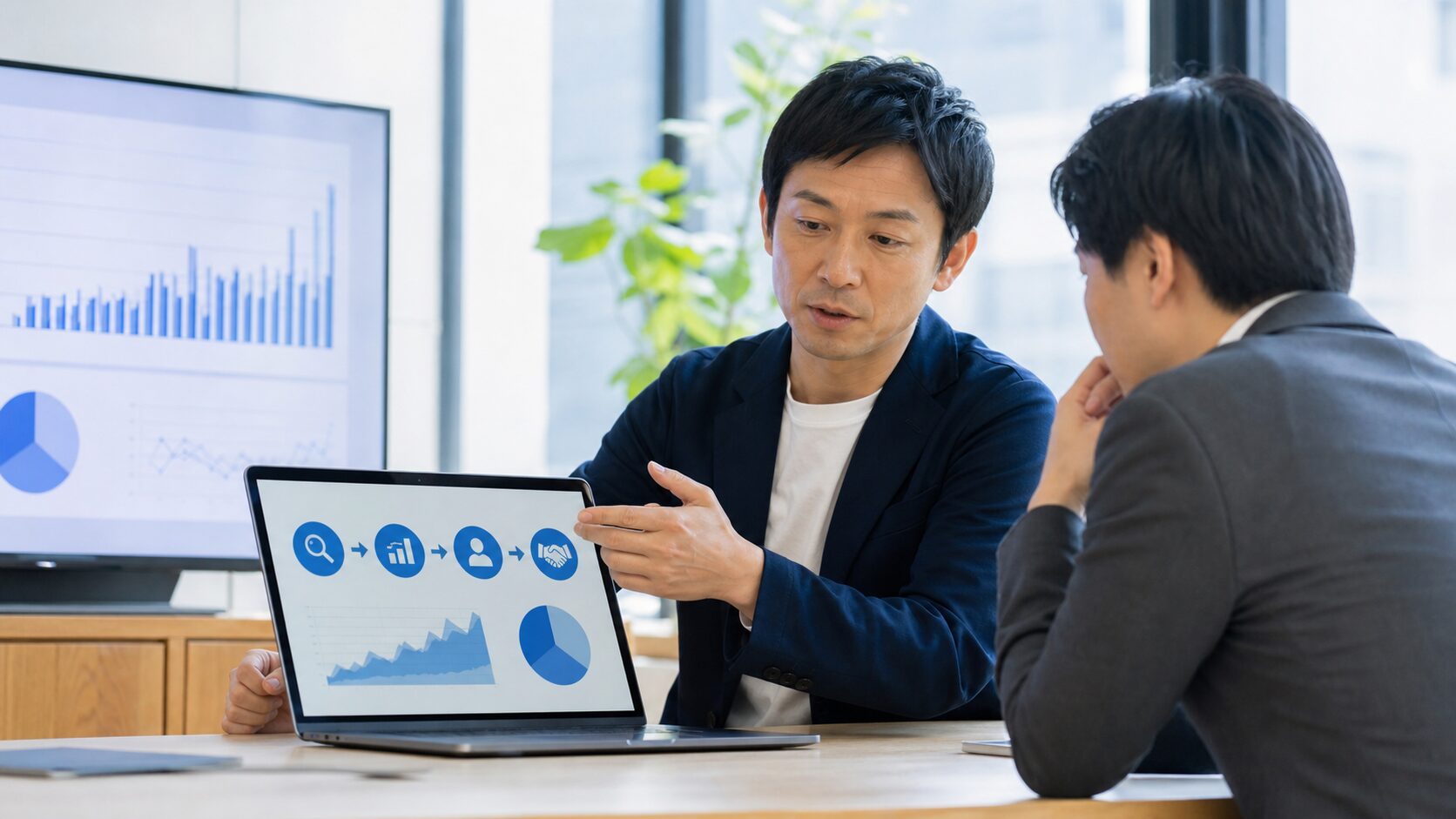 SEOの検索順位、訪問数、問い合わせ、商談を一緒に確認して施策を判断するビジネスチームのイメージ