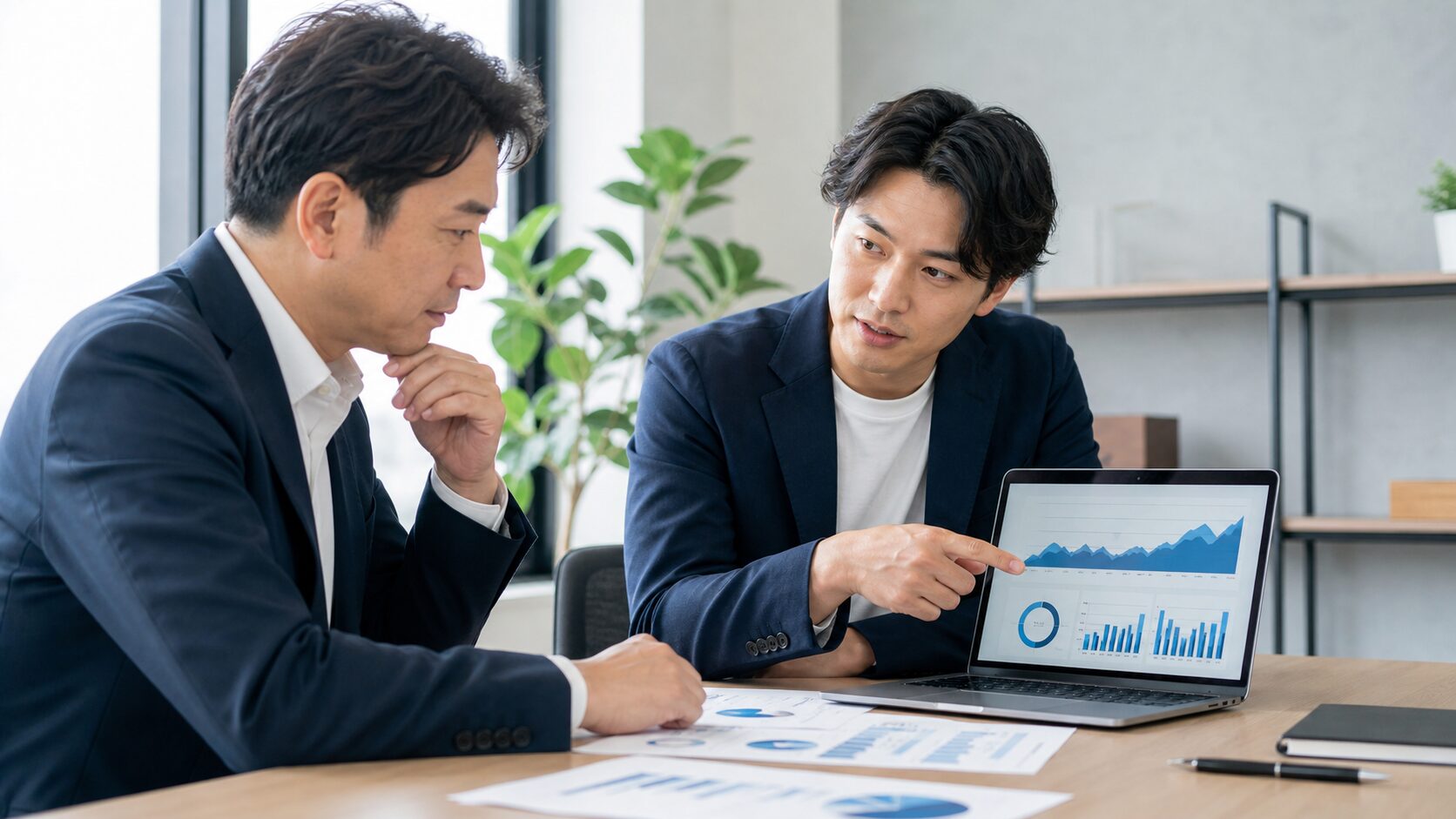 Webサイト、広告、SEO、アクセス解析の改善計画を外部のWeb担当者と社内チームが検討するイメージ