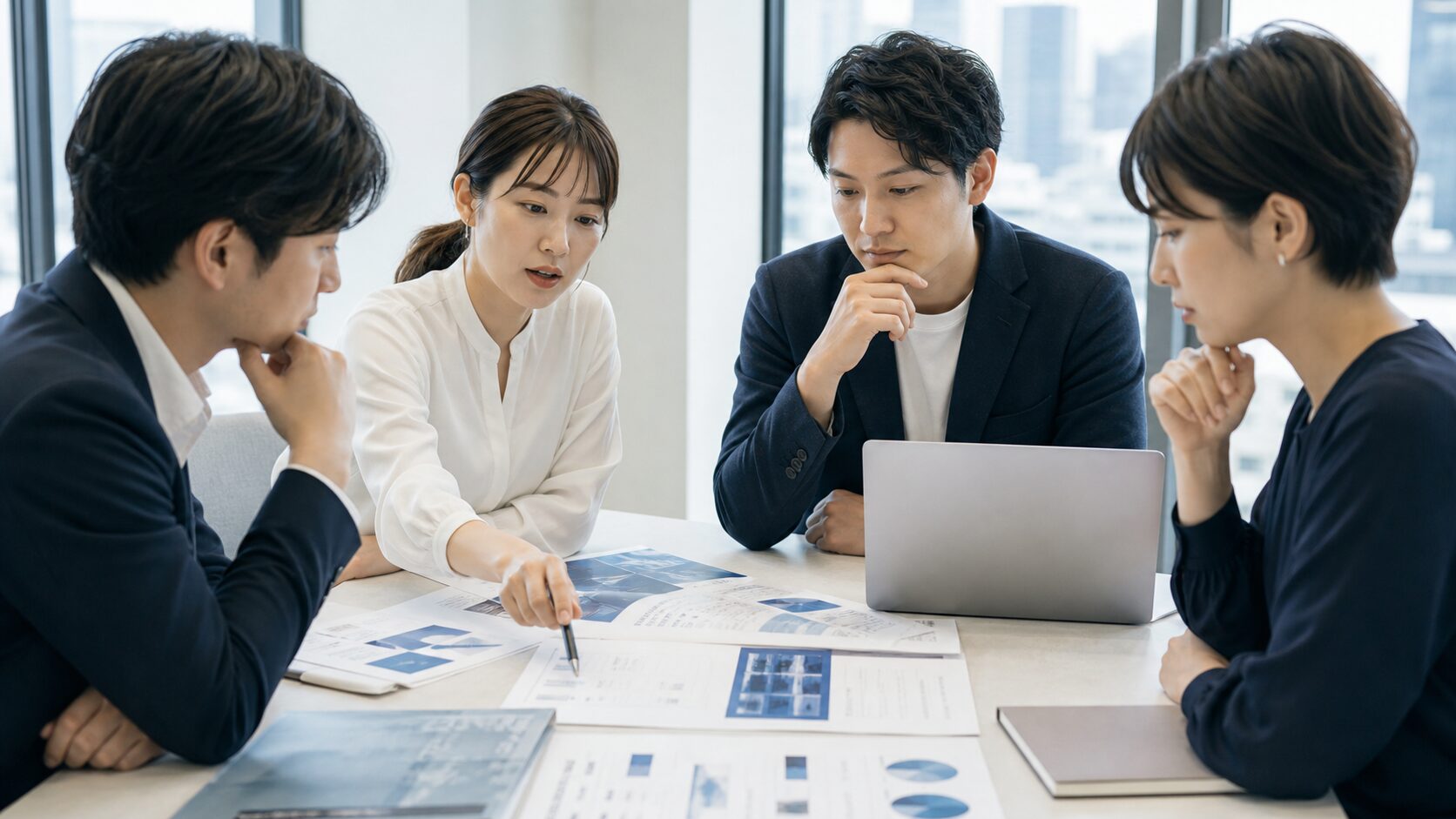 ホワイトペーパーの企画、取材内容、図表、デザインを外部制作チームと確認するビジネス担当者のイメージ